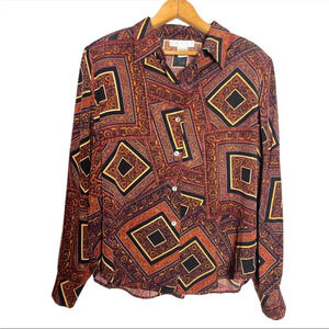 Vintage womens 100% silk scarf printed geo maroon button down shirt size Large
